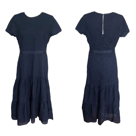 Banana Republic Dress Navy Eyelet Lace Short Sleeve Midi Tiered Womens Size 12 P - Picture 1 of 11